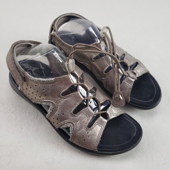 Ecco Jab Toggle Leather Sandal Womens 7 Silver Hook & Loop Adjustable Bungee - Picture 1 of 13